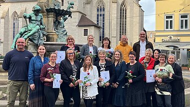 Gruppenbild mit Sozialministerin Katharina Schenk, Anja Schollmeyer (Gerontologiebüro Schollmeyer) und Michael Klaus (TMSGAF)