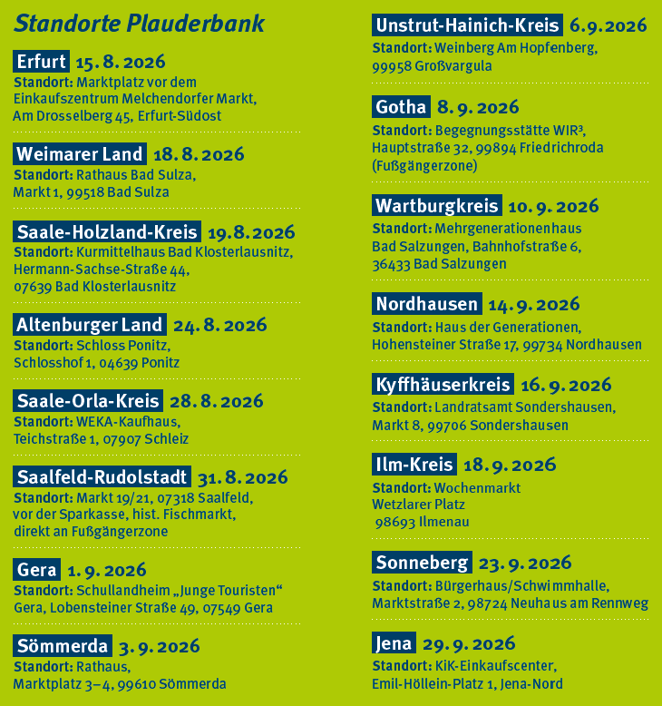 Übersicht Plauderbanktour 2026